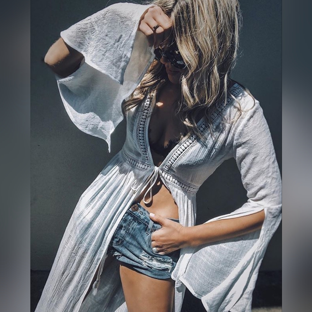 New Boho Embroidered Lace Maxi Kimono Split Flare Long Sleeve White